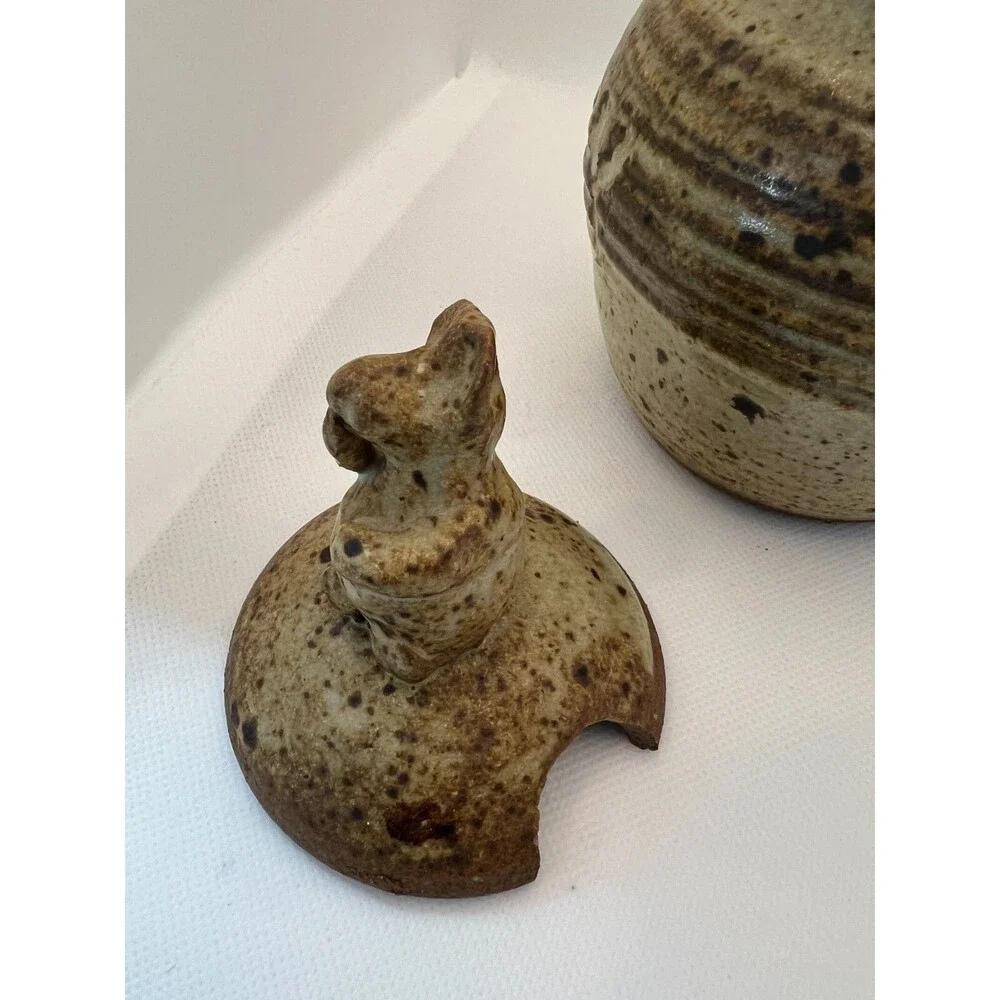 Honey Pot With lid spoon Hand Made Artist Signed Stoneware Pottery Rustic bear